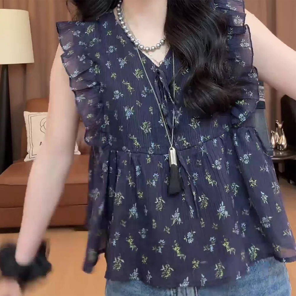 【水星记】韩系木耳边定制面料碎花小v领上衣t恤显瘦印花夏季