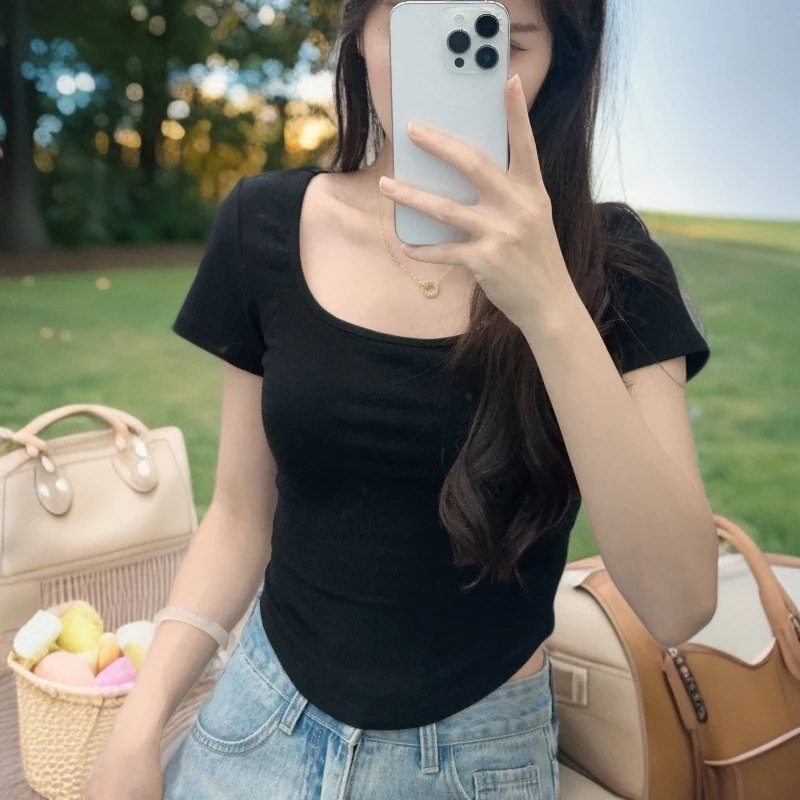 薄款辣妹纯欲风短袖t恤短款夏季新款设计感u领显瘦不规则打底上衣