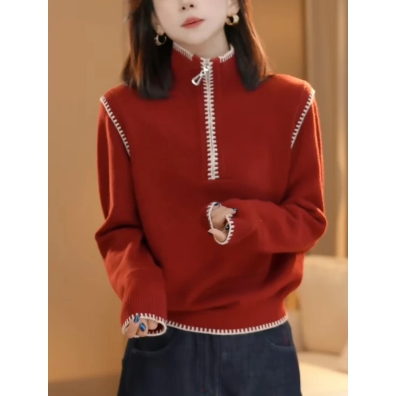 高级感撞色拼接半拉链高领针织衫女2025冬季新款时尚百搭洋气上衣