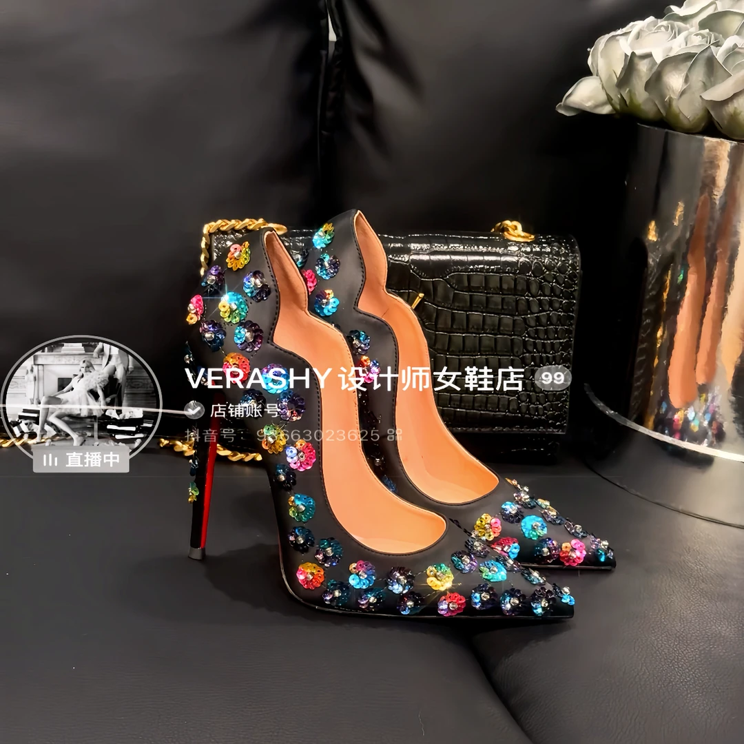 【星光芙蓉】高定制！炫彩亮片花朵红底鞋细跟尖头高跟鞋