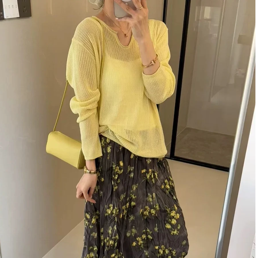 夏季新款慵懒风V领冰丝长袖针织衫爆款流行五一洋气衣服女