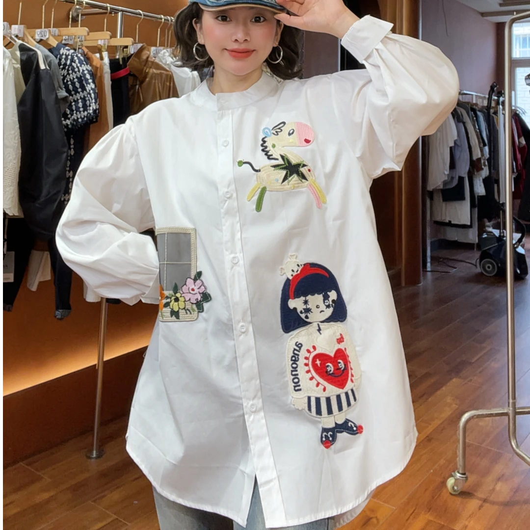 时尚独特超好看设计感刺绣长袖衬衫宽松大版上衣女装2025秋季新款