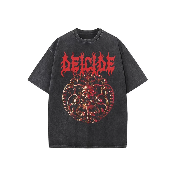 美式Deicide黑金属水洗做旧情侣款男士潮流欧版印花落肩短袖t恤男