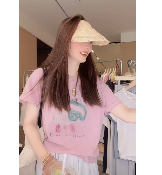 九佳 【想象】云感雪花肤感宽松象印花T 显瘦短袖T恤