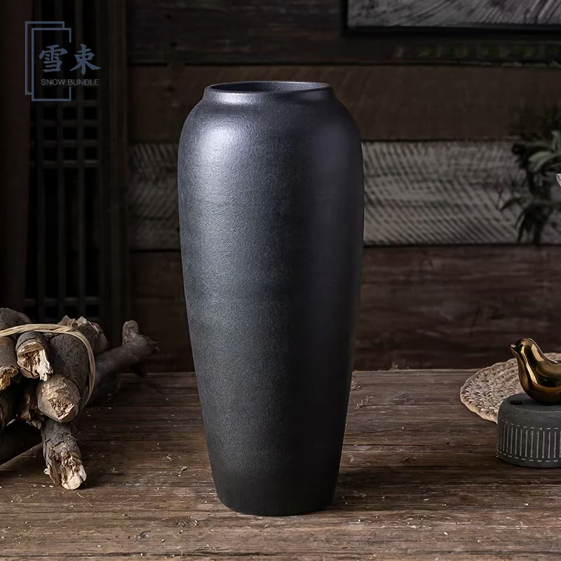 景德镇磨砂黑灰色陶瓷花瓶插花插干花可水培鲜花客厅装饰摆件花瓶