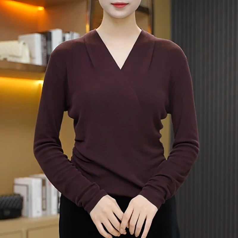 设计感交叉V领打底衫修身显瘦针织衫上衣女6688-8556