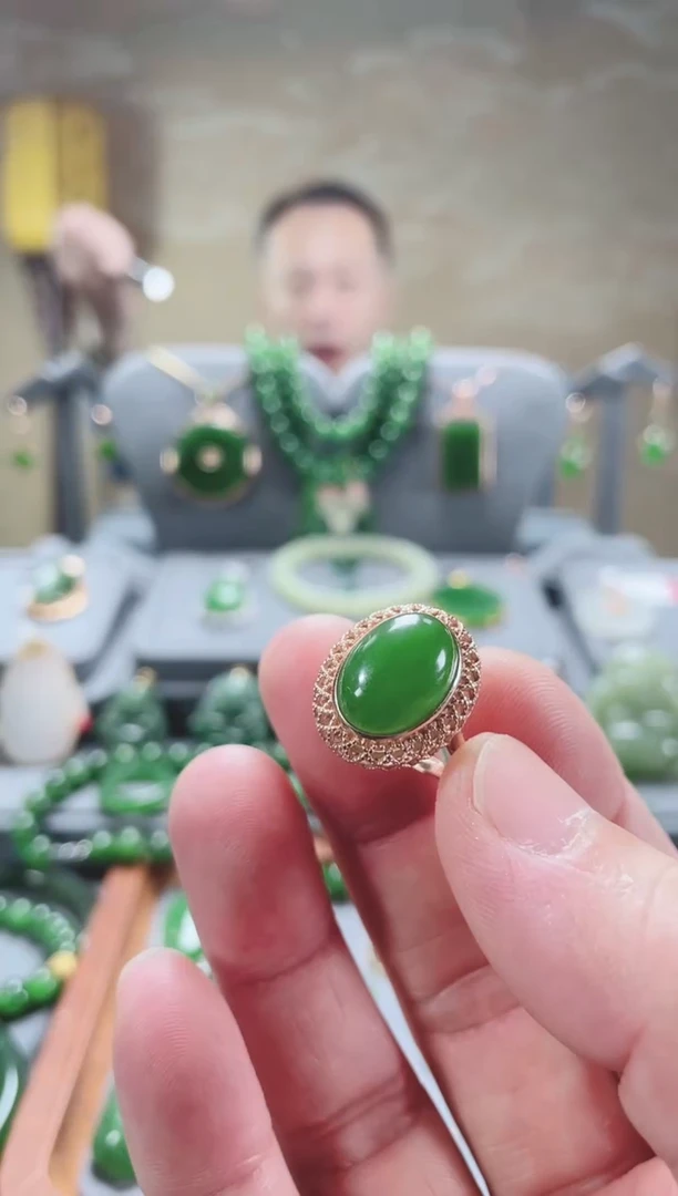 和田玉银S925镀金镶嵌戒指10x14mm