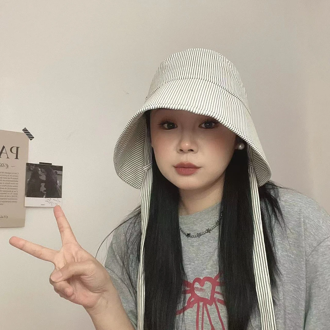 超大帽檐灯罩帽夏天环绕式防晒帽显脸小条纹遮阳渔夫帽可扎马尾