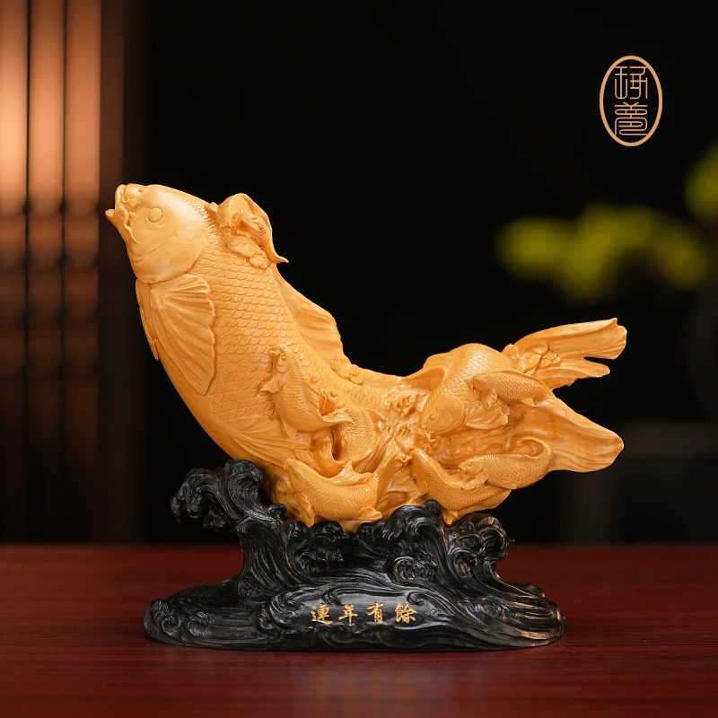 《连年有余》黄杨木雕摆件老板办公室装饰摆件客厅乔迁开业礼品
