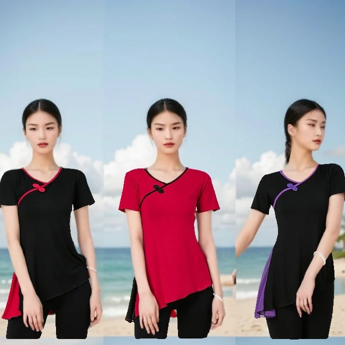 复古盘扣侧开叉瑜伽古典莫代尔舞蹈上衣民族风跳舞服装广场舞服装