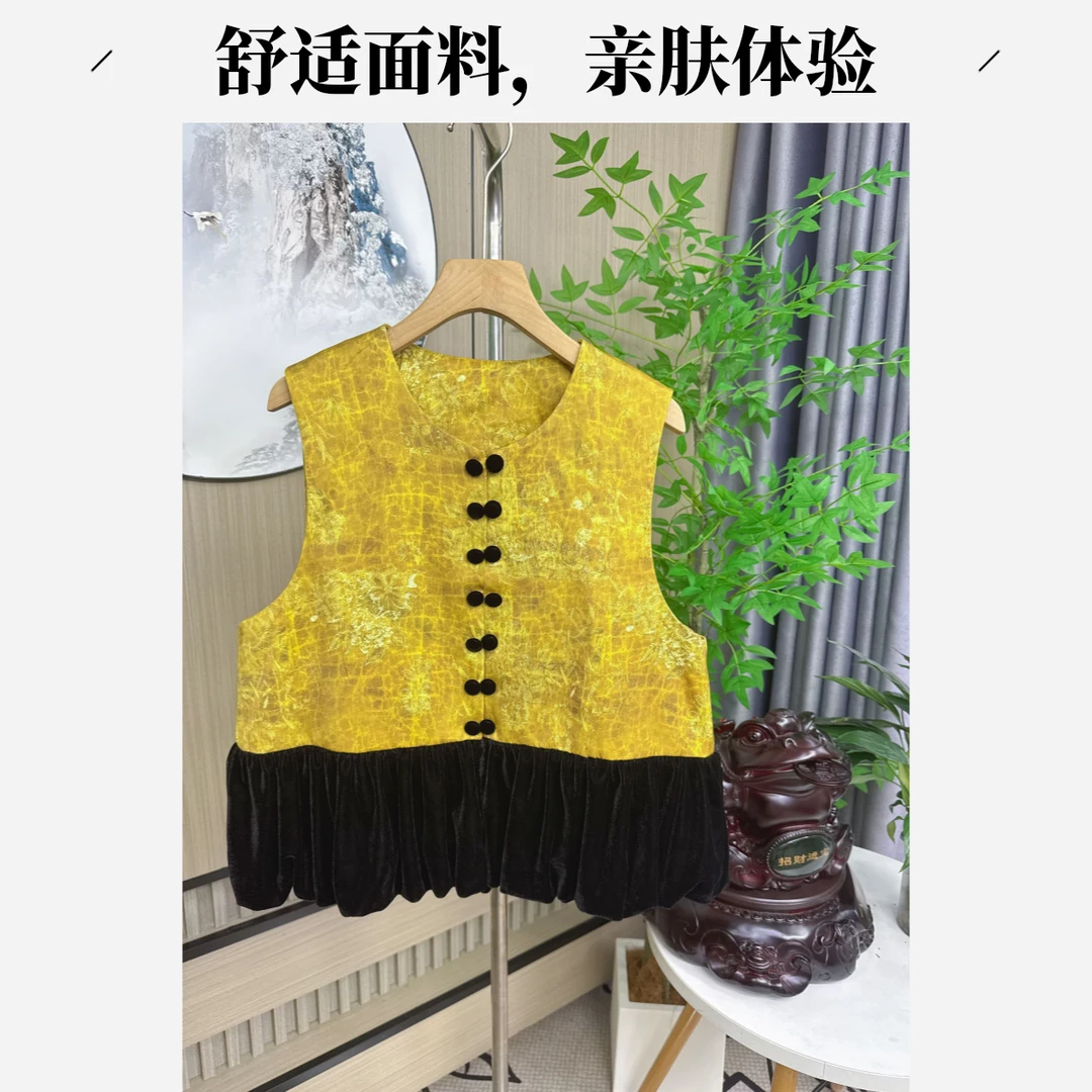 金龟5217金拼接女V领透气秋季四季通用马夹复古服装中式网红