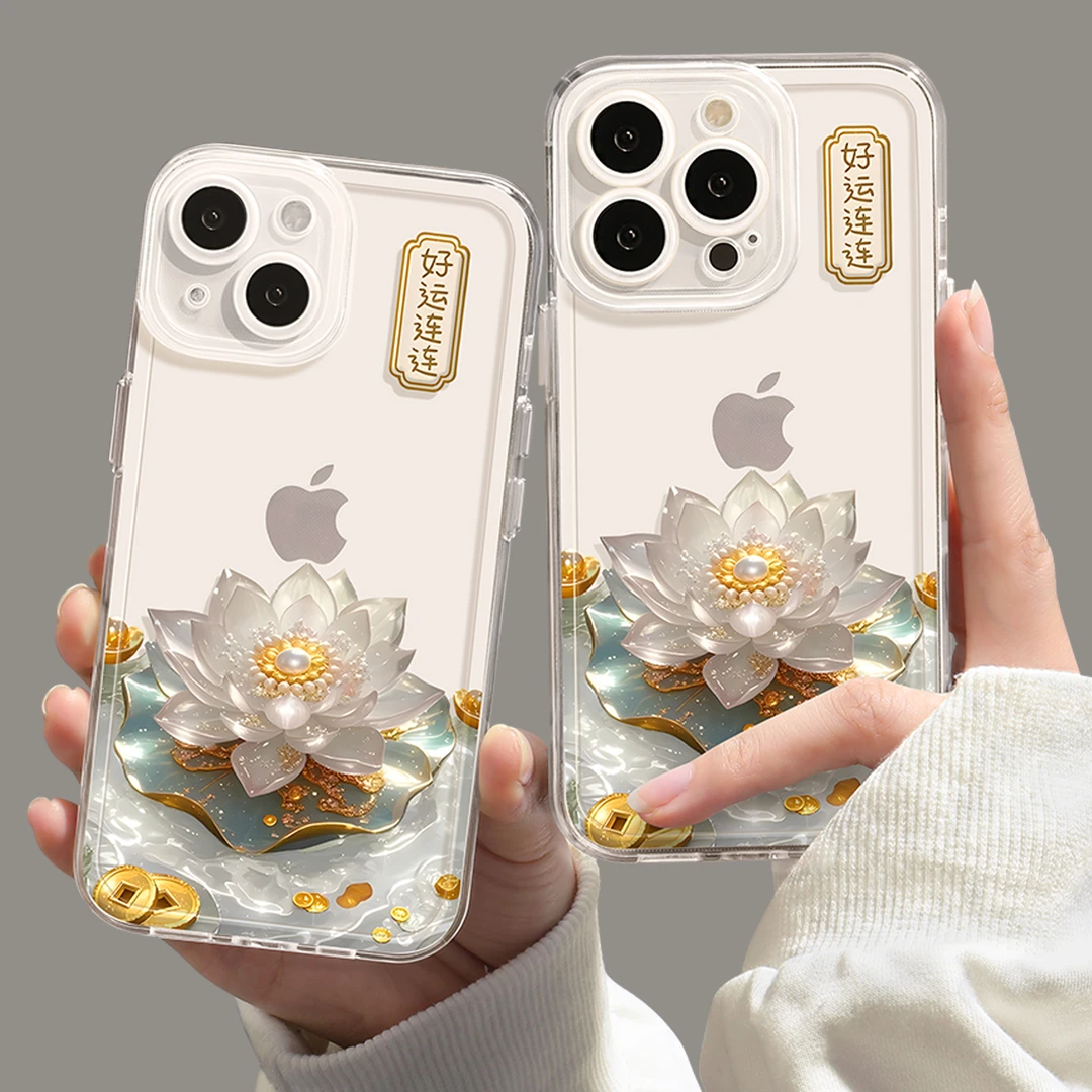 好运莲莲宝石花适用苹果15苹果16透明手机壳潮流女款新款俏皮