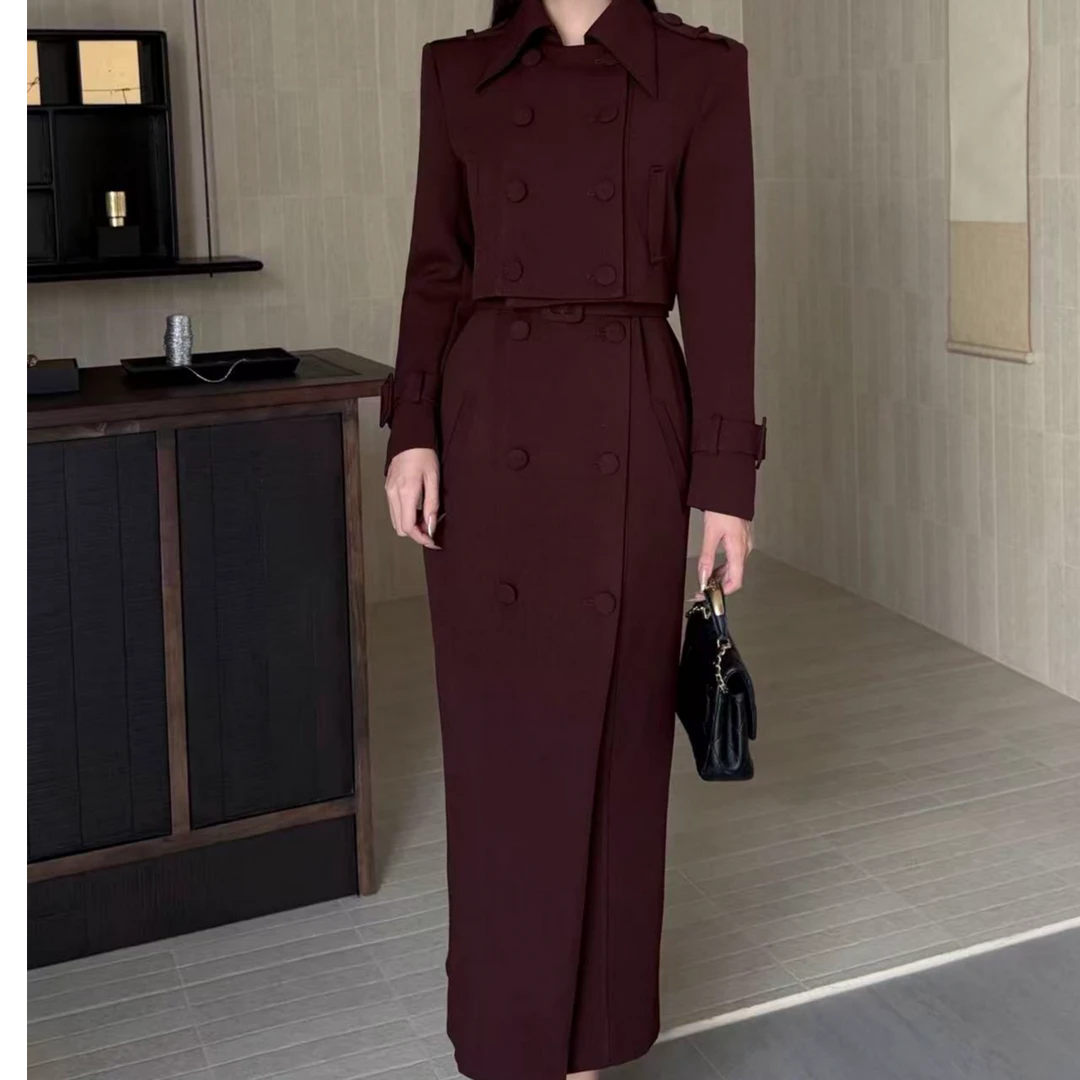 复古修身时尚名媛气质收腰显瘦长款连衣裙+短款外套83979