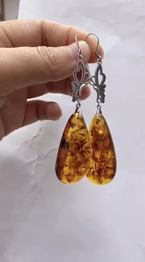 【闪购商品】琥珀裸石银S925镶嵌花珀耳坠