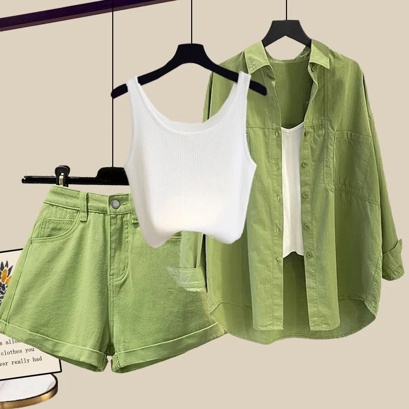 大码夏季多巴胺套装女薄荷曼风减龄防晒衬衫搭牛仔短裤背心三件套