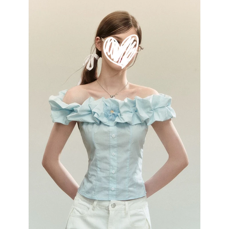 2025夏季独特漂亮小衫一字肩衬衫修身短袖上衣高腰白色阔腿牛仔裤