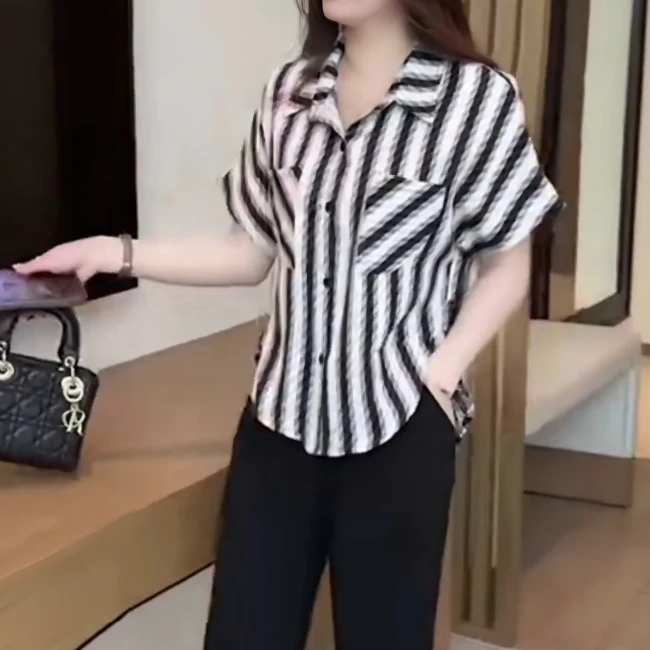 6259设计感短袖条纹衬衫女休闲印花上衣夏季新款宽松衬衣遮肉小衫