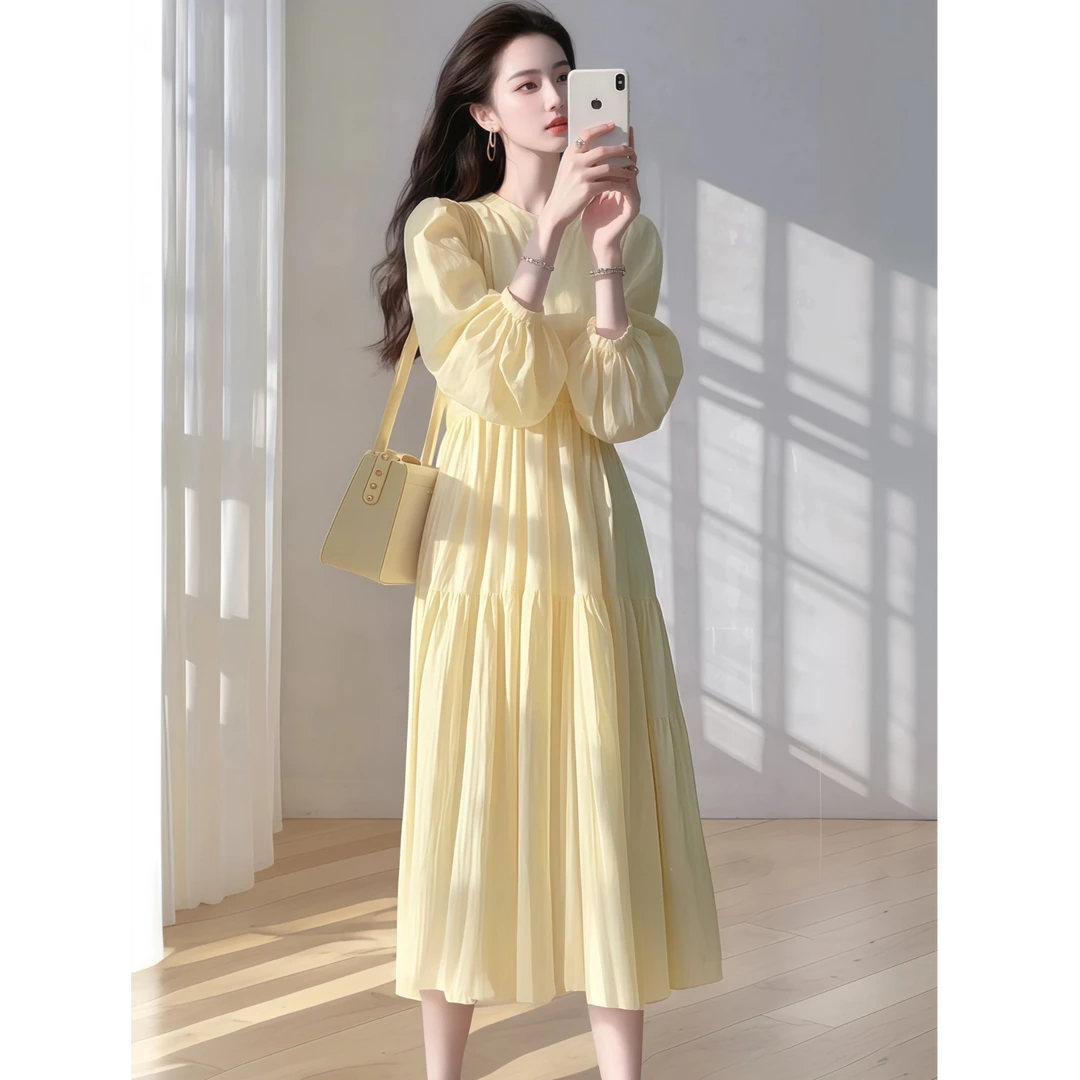 超好看黄色宽松衬衫连衣裙女2025早春新款法式度假风仙女气质长裙