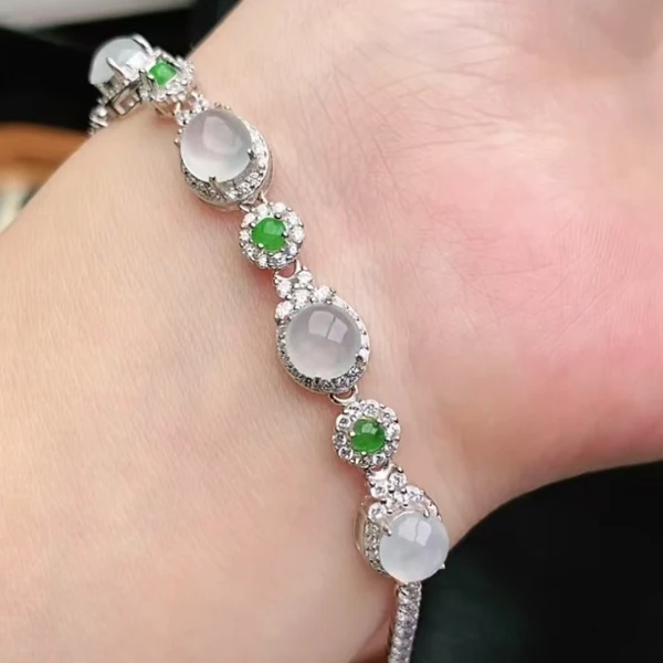 鑫辰珠宝天然A货翡翠银镶嵌设计款时尚百搭手链