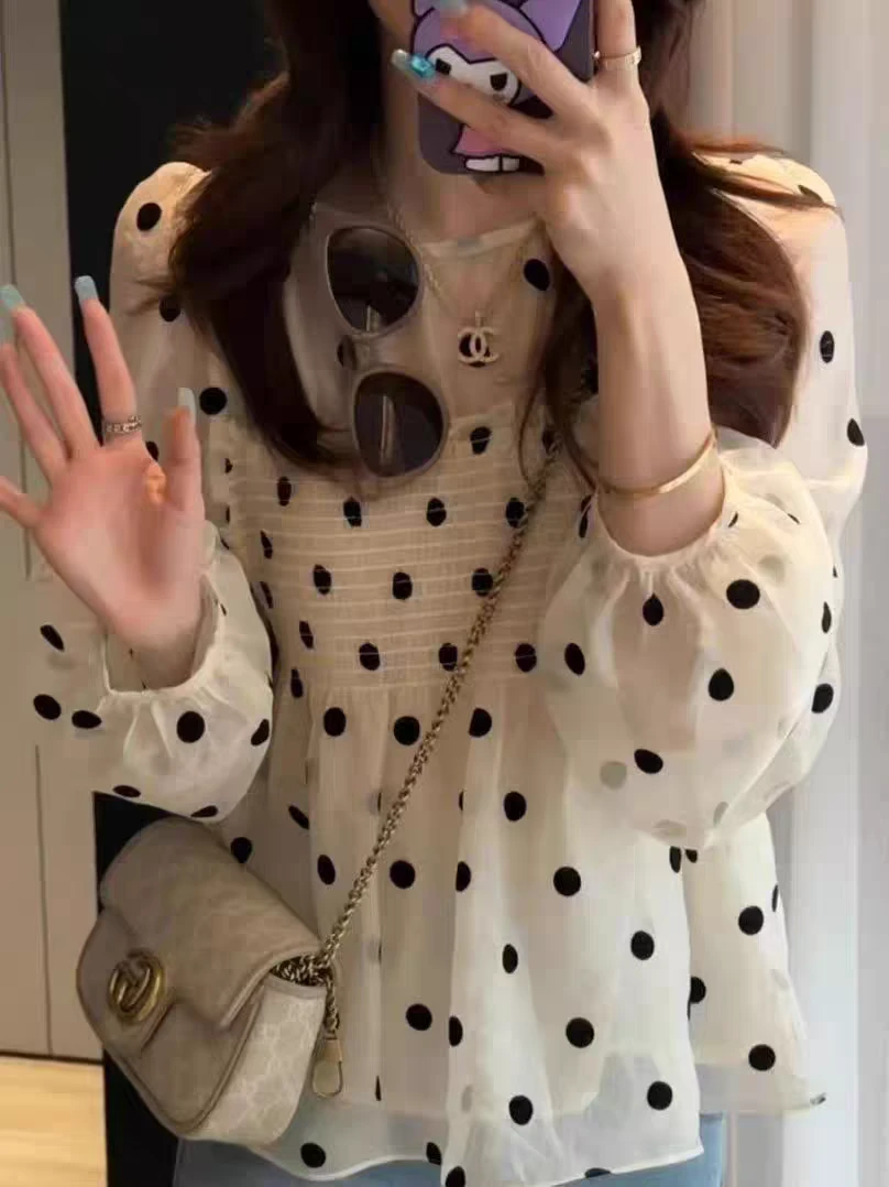 2025年新款春法式甜美气质波点泡泡袖衬衫洋气减龄娃娃雪纺上衣