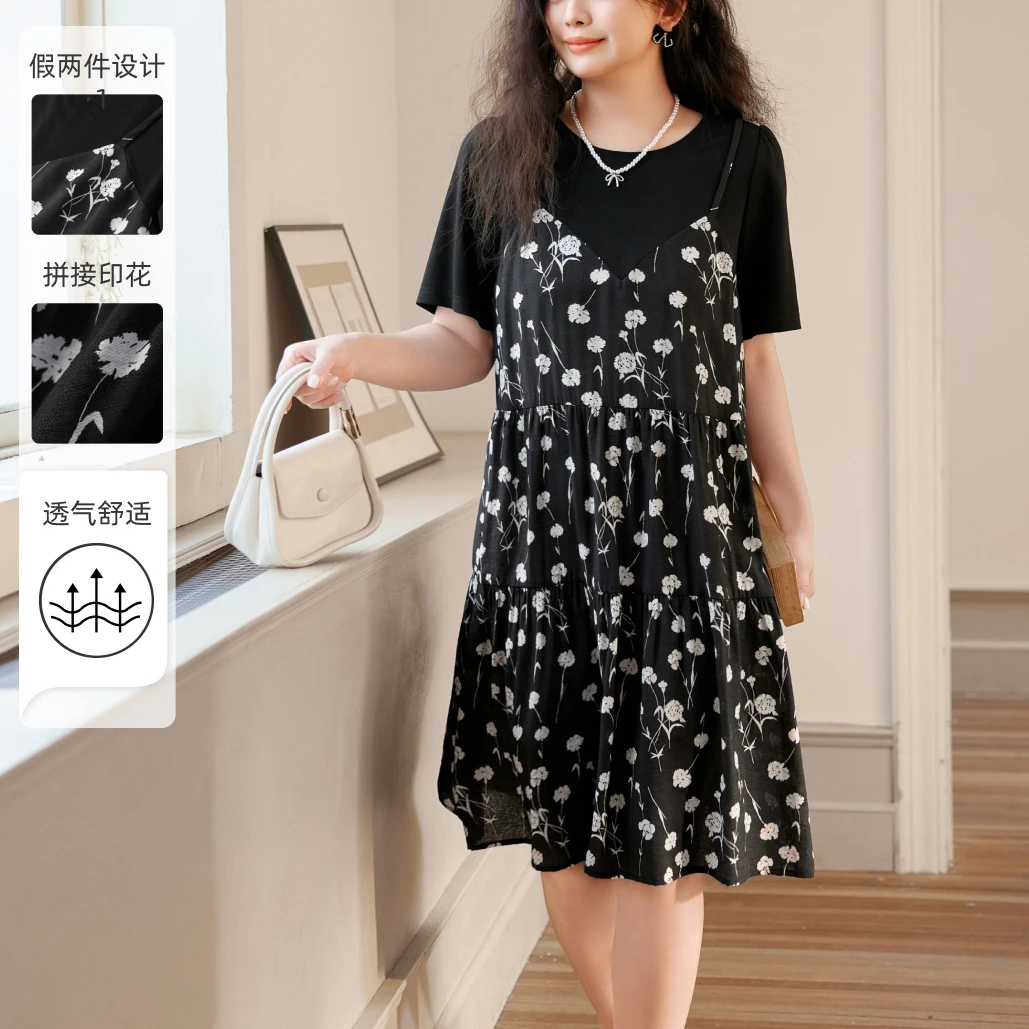 【假两件拼接印花宽松显瘦连衣裙】MsShe大码女装夏季J~F2504006