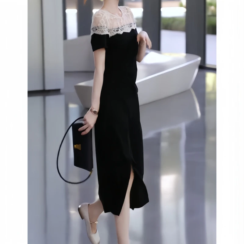 秋季千金风名媛风显瘦修身开叉拼接蕾丝连衣裙气质风优雅风鱼尾裙