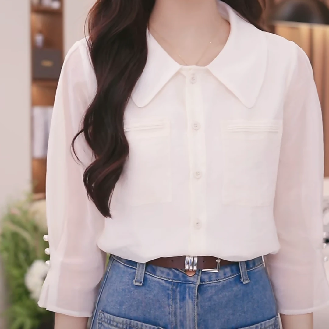 法式甜美翻领五分袖衬衫女2025夏季新款设计感小众百搭显瘦上衣