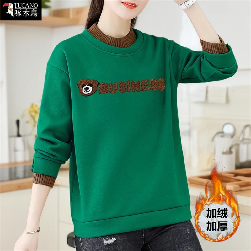 啄木鸟2025年新款休闲百搭圆领上衣冬季加绒洋气刺绣假两件卫衣女
