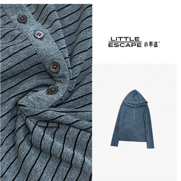 小乖逃单色打底灰色条纹连帽T恤打底半扣撞黑色领长袖250952