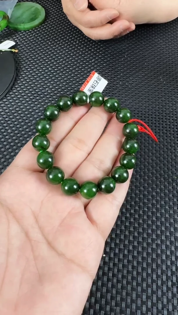 【闪购商品】和田玉（碧玉）手串未镶嵌约12MM俄七红皮菠菜绿