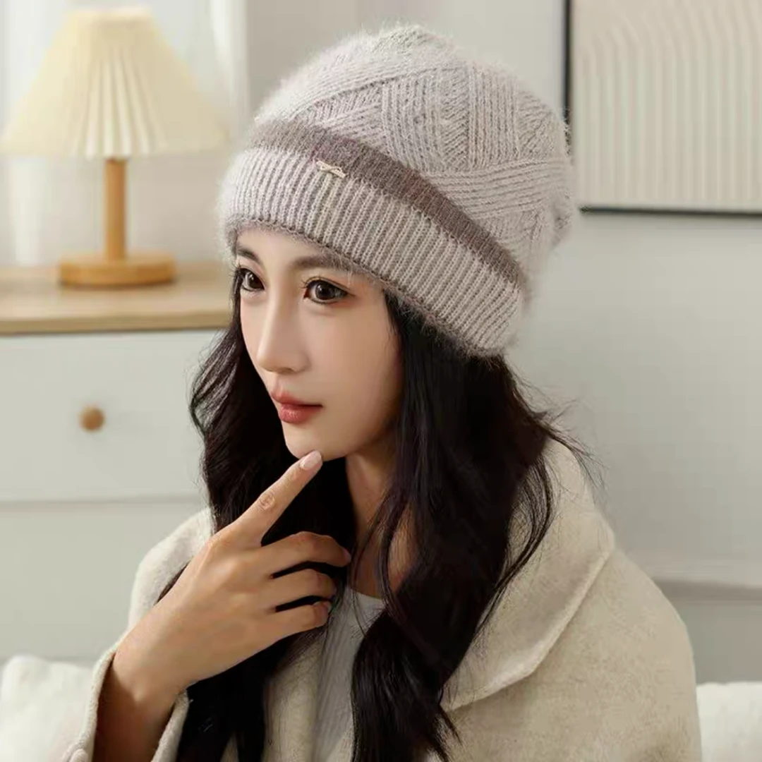 松鼠绒双层针织时尚百搭堆堆帽女士编织韩版保暖帽帽子女秋冬洋气
