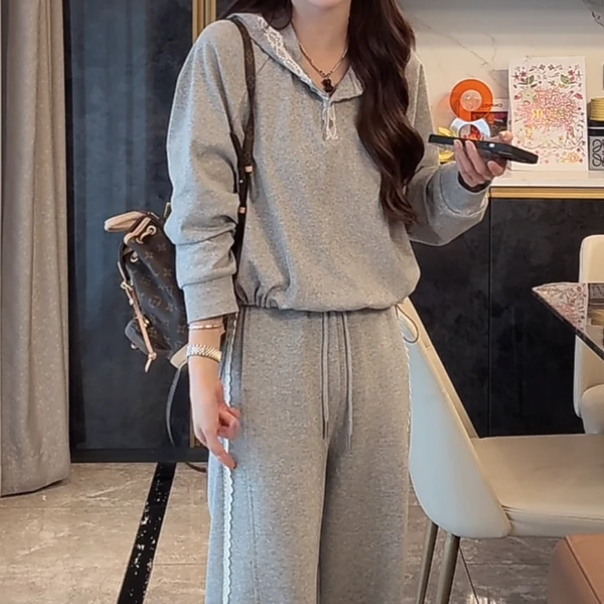 设计感连帽灰色长袖卫衣女2025新款春季时尚百搭休闲宽松套头上衣