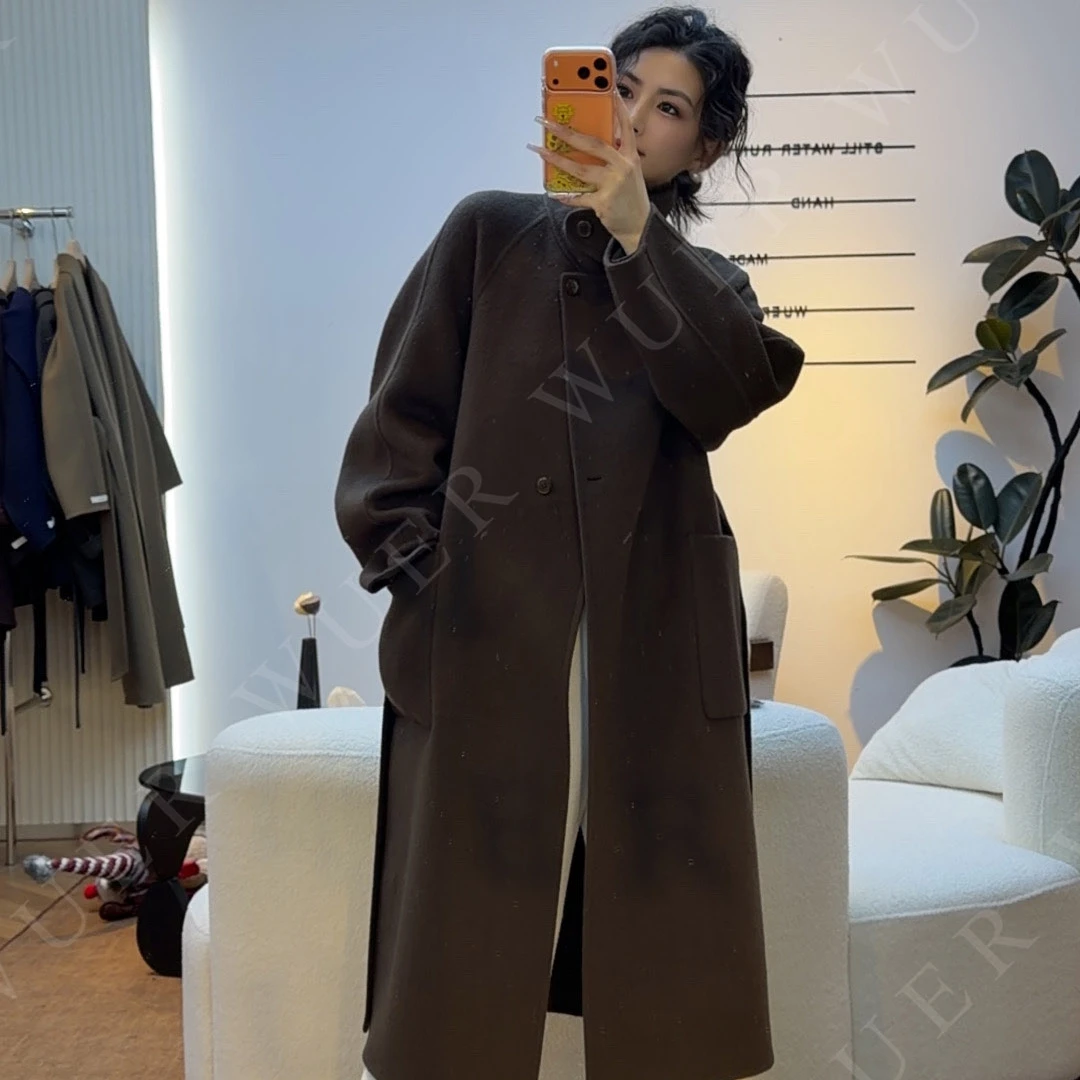 【五儿WUER】258206女中长款宽松保暖立领设计师秋冬毛呢外套长款