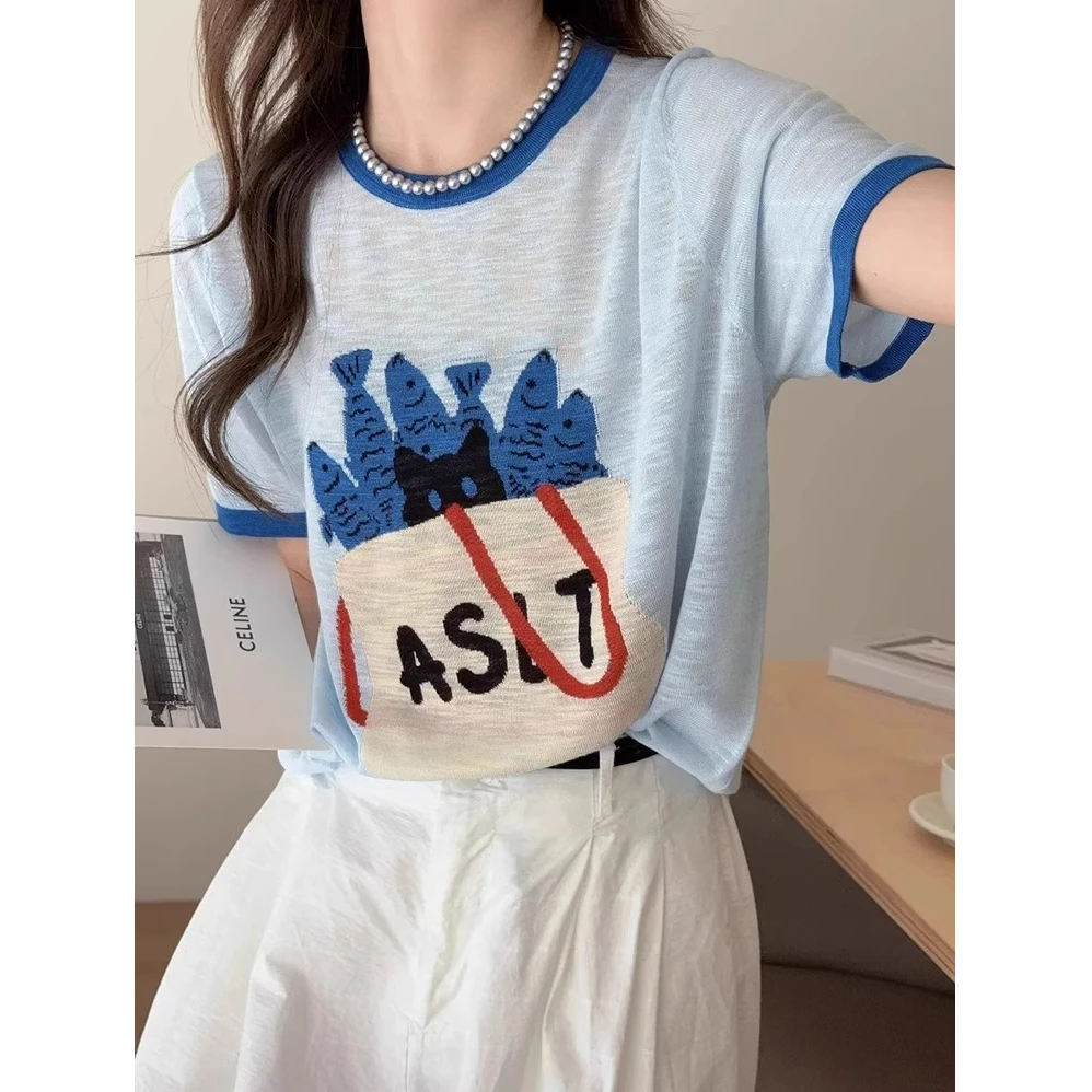 芯娇晴蓝色卡通薄款冰丝短袖T恤韩系超好看独特漂亮上衣2025夏季