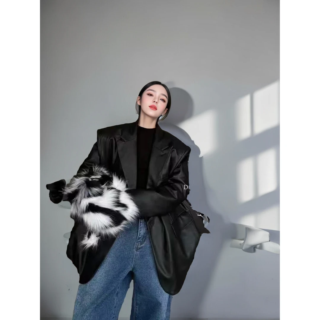 韩国东大门新款复古宽松加棉垫肩PU皮衣外套女百搭夹克9657