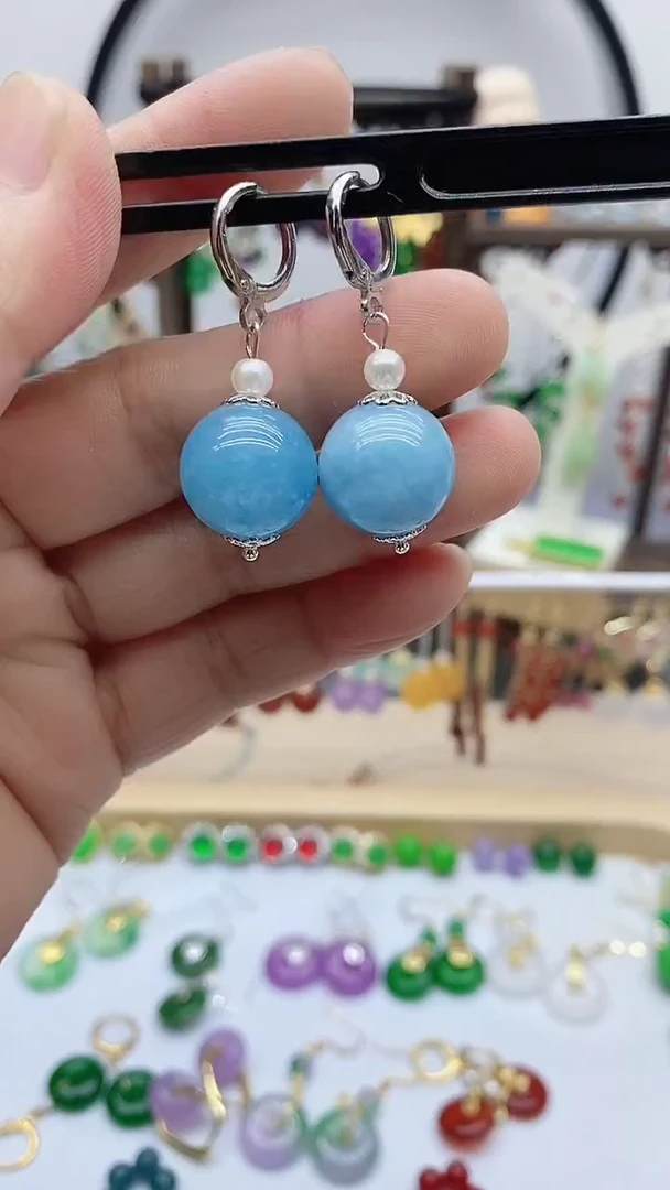 银S925镶嵌耳饰海蓝宝石195