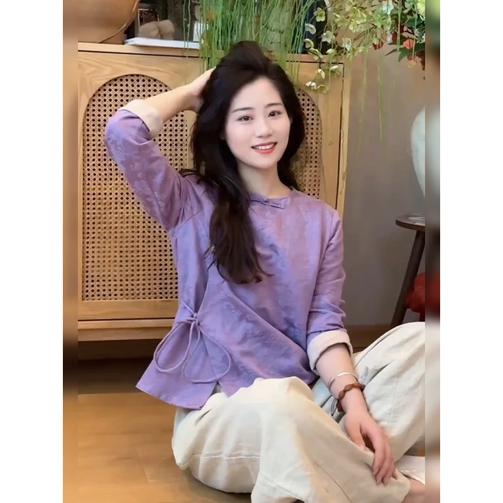 2025秋季新款穿搭年轻版新中式国风改良圆领盘扣紫色减龄女装上衣