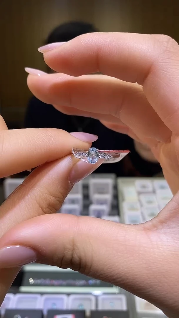 银S925镶嵌戒指海蓝宝石天然海蓝 宝