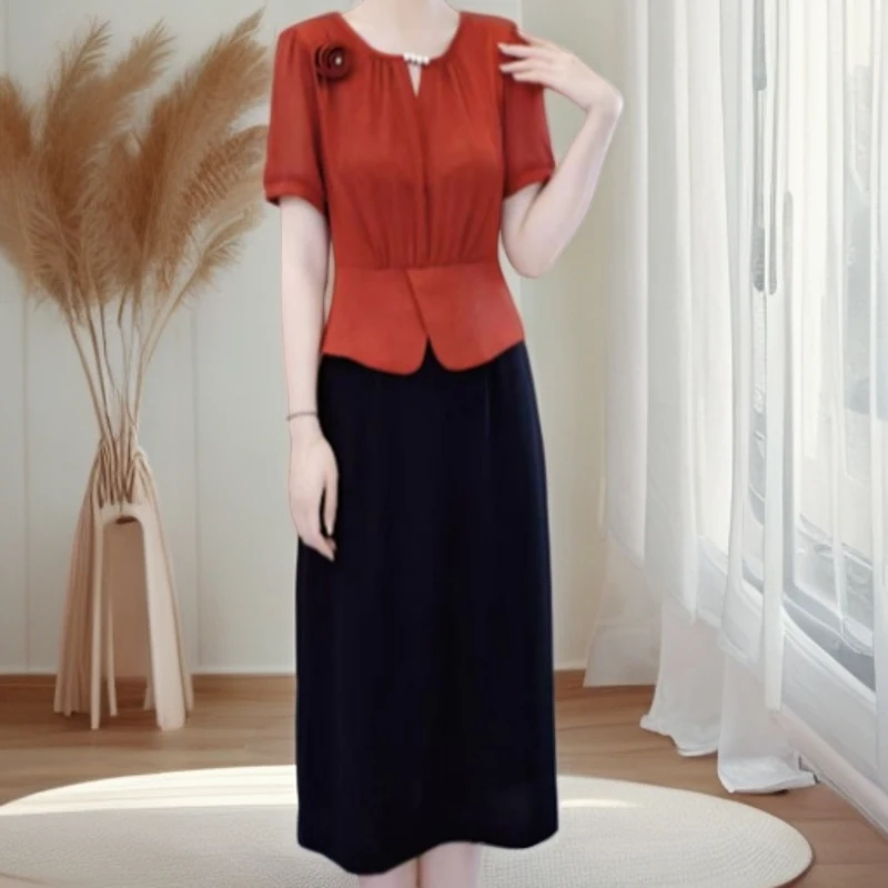 新款优雅气质时尚洋气显瘦遮肉假两件连衣裙