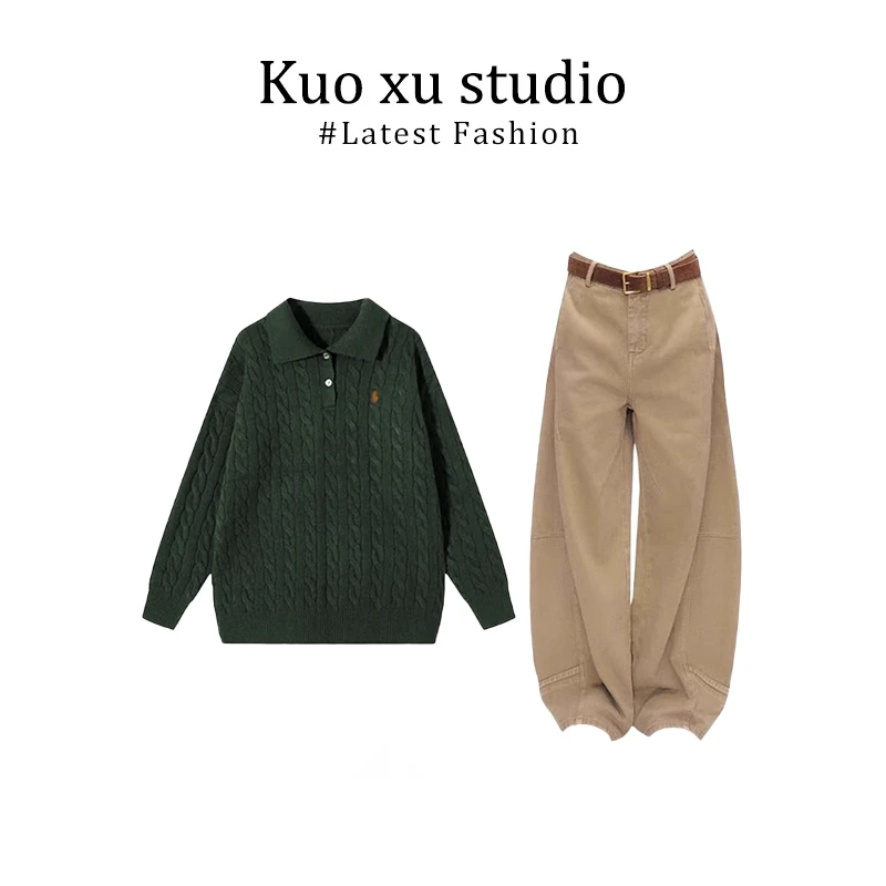 2025秋新款日系慵懒风Polo领麻花针织衫毛衣上衣小众阔腿裤子套装