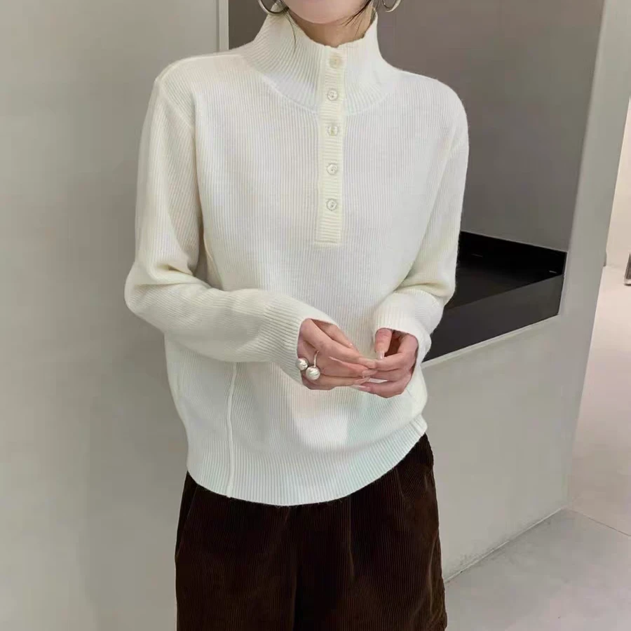 玲姐定制-米白色薄款休闲立领半开襟高领毛衣280095