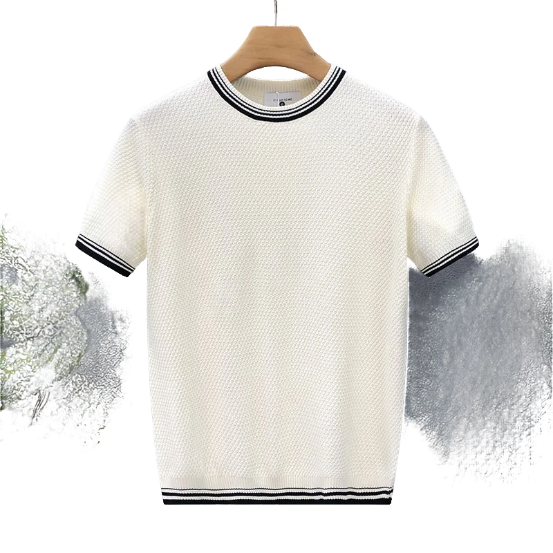 圆领条纹短袖针织衫男士2025夏季新款时尚潮牌百搭薄修身韩版薄款