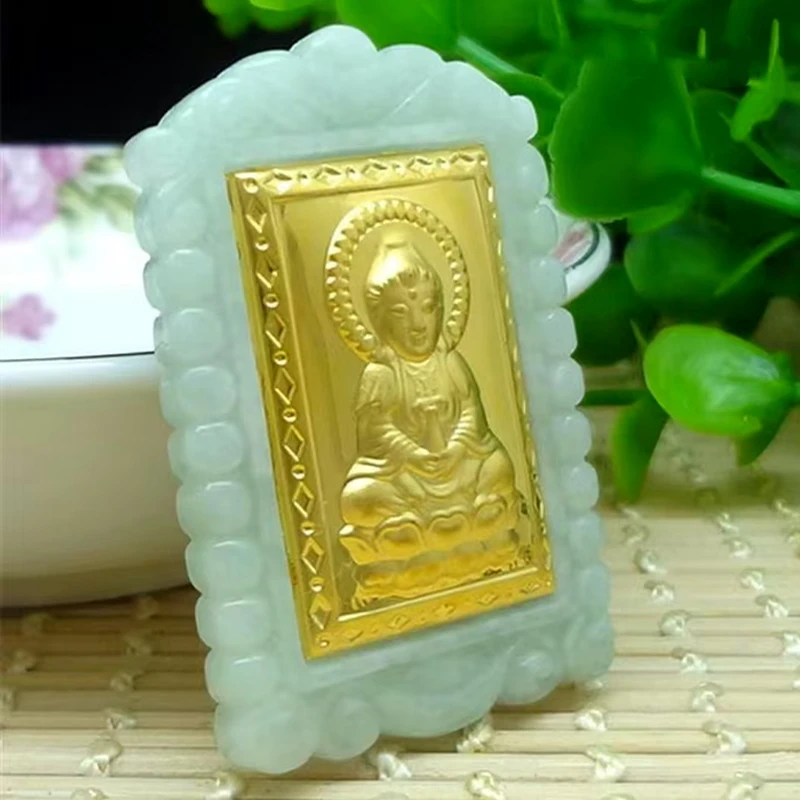 【至臻名品】黄金足金镶嵌翡翠玉石方牌观音吊坠精美