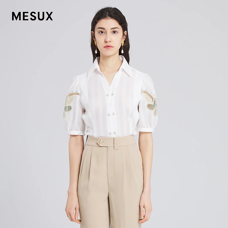MESUX米岫提花格纹双色镂空刺绣衬衫MJMUC211