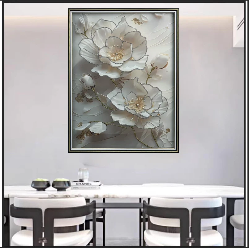 Q289花卉时尚餐厅客厅轻奢挂画钢化玻璃装裱实物鎏金画装饰画