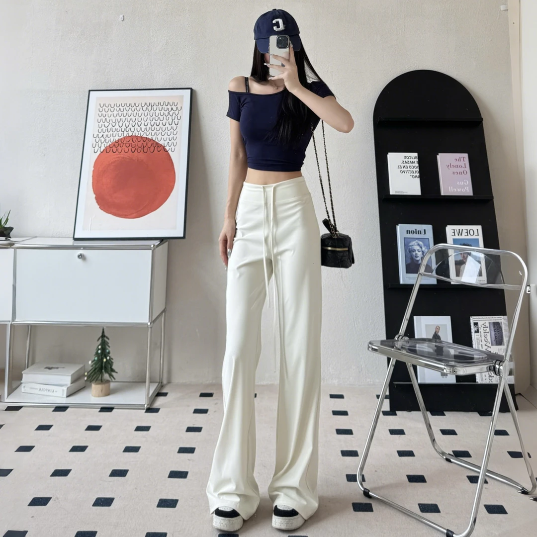 夏季裸感凉感防晒裤女薄款显瘦直筒宽松阔腿休闲长裤高腰白色百搭