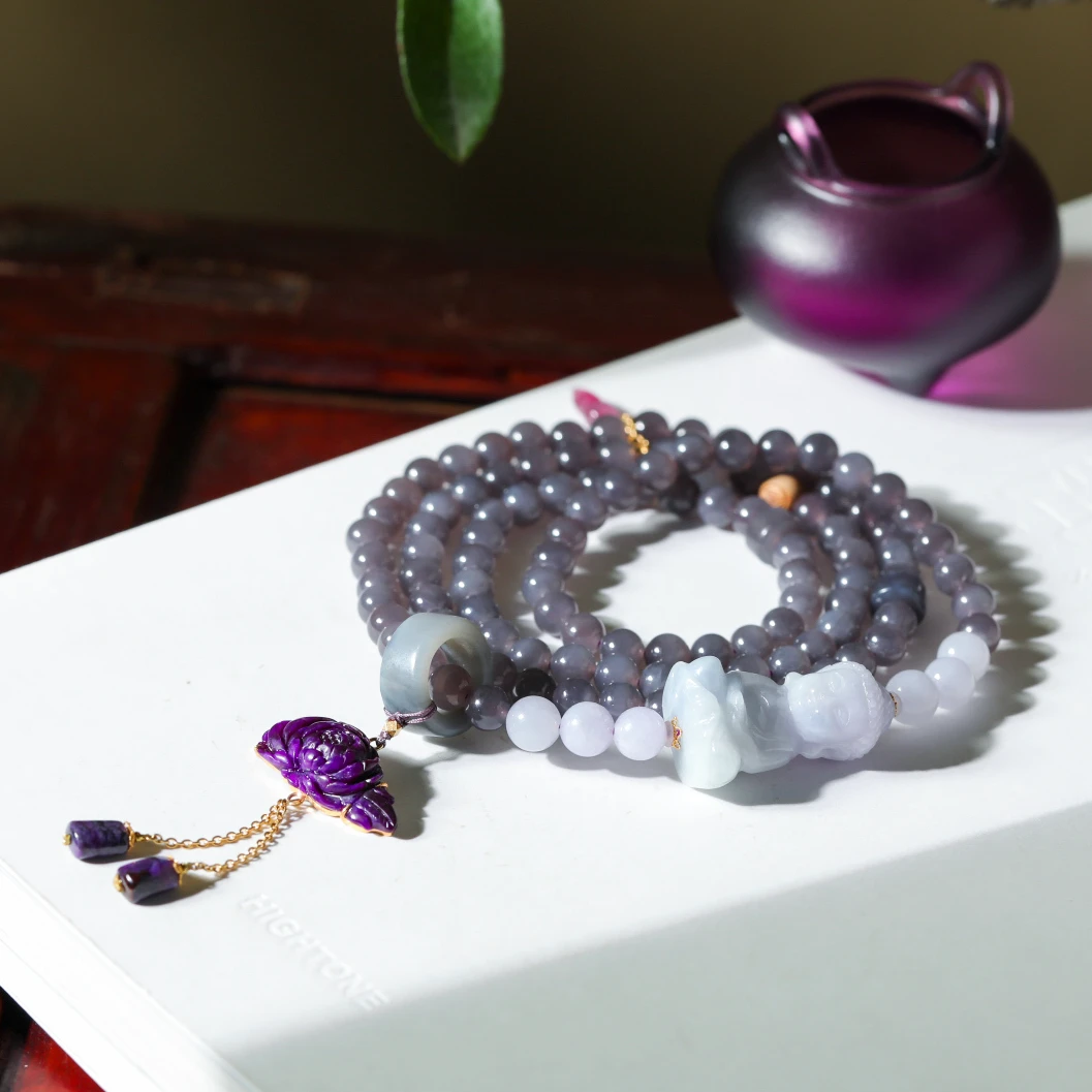 【意婵】“如来”108珠典藏级和田玉烟紫翡翠舒俱来18K金-909023