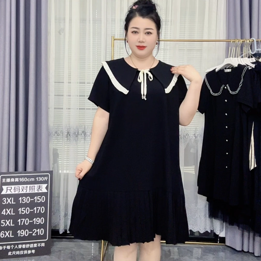 夏新款宽松减龄A字大码连衣裙 胖妹妹娃娃领百褶裙显瘦短袖小黑裙