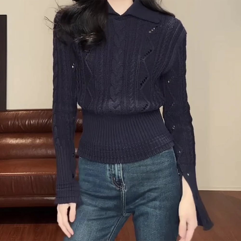新款翻领麻花下摆收腰显瘦百搭显瘦上衣毛衣女C6222