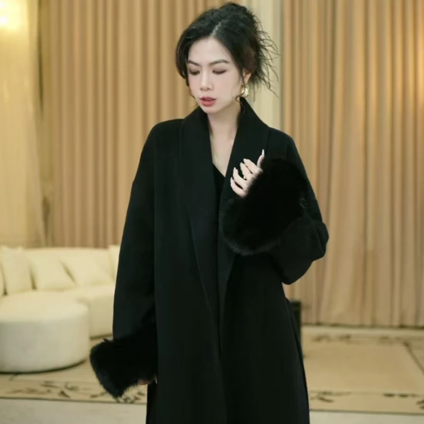 宝儿姐LEMONDISIN贵气极简蓬松毛流感优雅气质时尚长款双面呢大衣